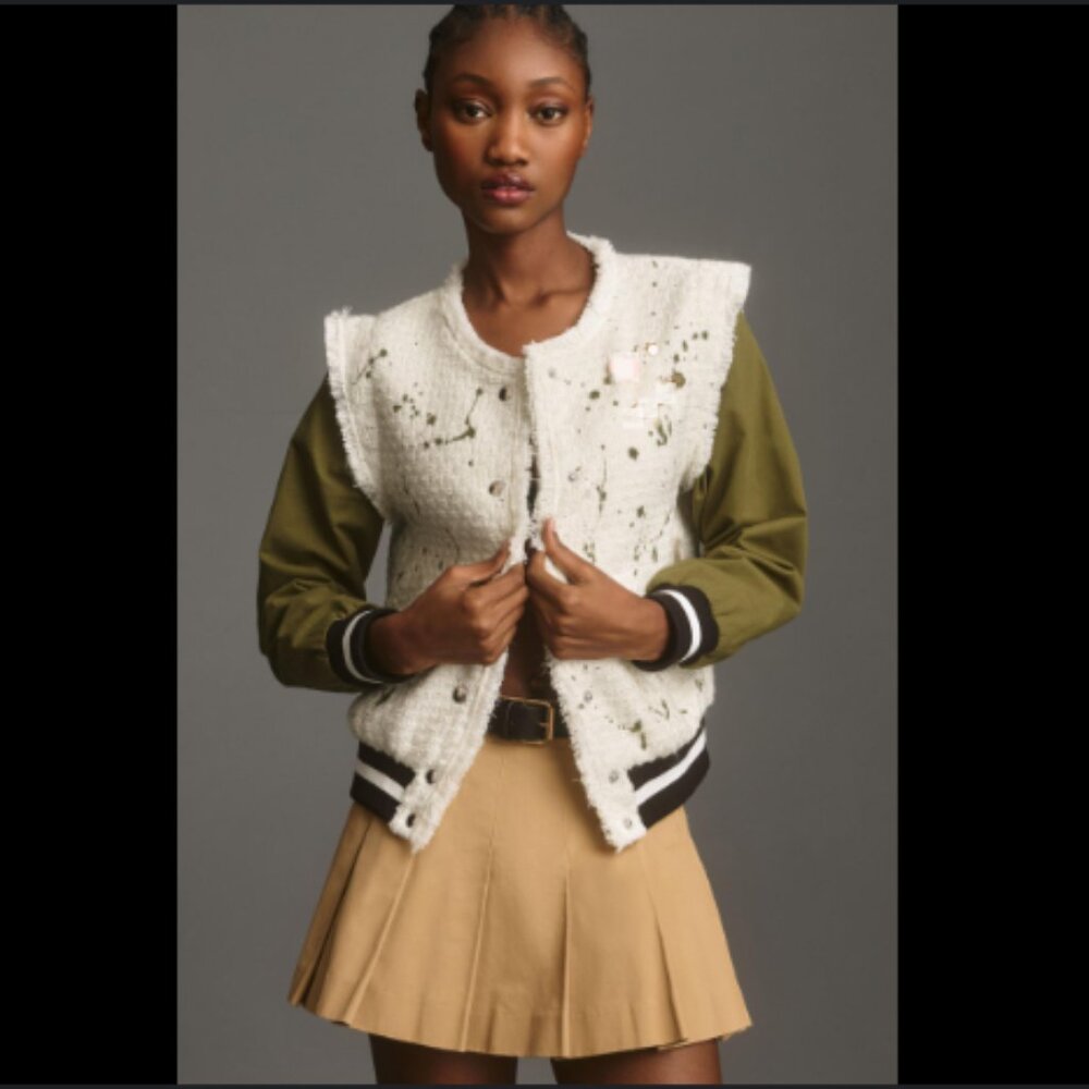 Brand New By Anthropologie Paint Splatter Tweed Bomber Jacket
